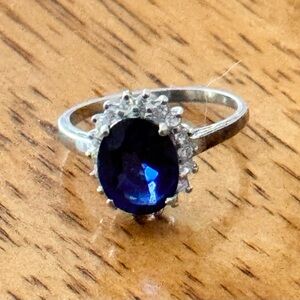 Simulated Blue Sapphire Ring with diamonds, 925